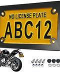 Badass Matte Black Stainless Steel Motorcycle License Plate Frame With Heavy Duty Tag Holder, screws, nuts, caps displayed