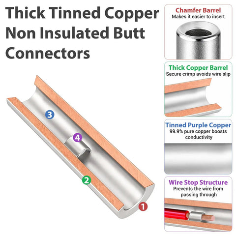 Solid Heavy Duty Gkg 560 Piece Non Insulated Butt Connectors Kit With Premium Pure Copper Wires For Rock Solid Wire Splices And Tough Electrical Jobs That Totally Rock Your Car Or Home Setup, tinned copper barrel