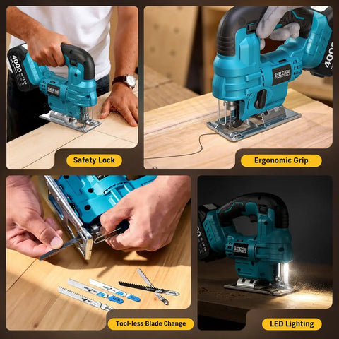 Cordless Jigsaw And Wood Router Kit For Precise Cuts And Edge Shaping With A Brushless Router, Dual 4.0Ah Batteries, Quick Setup, Smooth Finish, All In One Woodworking Power Pack, cordless jigsaw in use