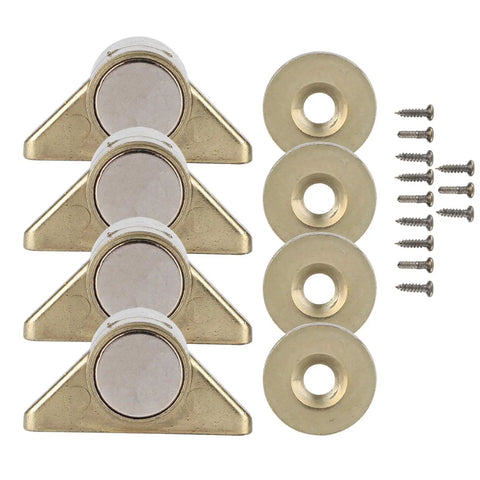 Antique Gold Zinc Alloy Magnetic Door Catch Set 4 Pack Cabinet Hardware Keeps Doors Shut Tight for Cabinets Wardrobes Closets and Drawers With Strong Magnetic Seal, showing all components, close view