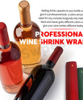 Kickass 130 Piece Wine Bottle Cork And Heat Shrink Cap Kit With Genuine Cork Plugs And Vivid Pvc Foil Covers In Gold Black Red Green Blue For Serious Home Winemaking Projects showing wine bottles with red and black shrink wraps.
