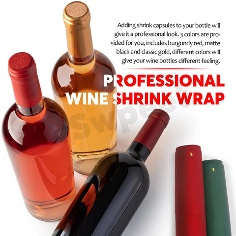 Kickass 130 Piece Wine Bottle Cork And Heat Shrink Cap Kit With Genuine Cork Plugs And Vivid Pvc Foil Covers In Gold Black Red Green Blue For Serious Home Winemaking Projects showing wine bottles with red and black shrink wraps.