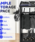 Heavy Duty Police Gear Stand With Four Strong Hangers For Handguns, Belts, Vests And Body Armor with storage display