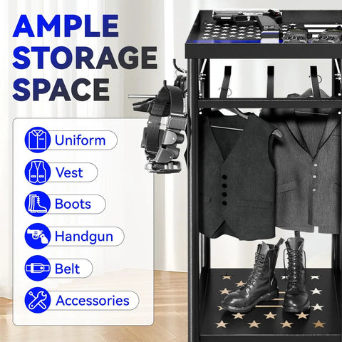Heavy Duty Police Gear Stand With Four Strong Hangers For Handguns, Belts, Vests And Body Armor with storage display