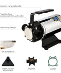 No Bull No Hassle 12V Water Transfer Pump 330 Gallons Per Hour showing self-priming design, 6 ft hose, and carrying handle.