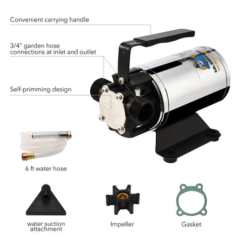 No Bull No Hassle 12V Water Transfer Pump 330 Gallons Per Hour showing self-priming design, 6 ft hose, and carrying handle.