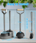 Heavy Hitter Toilet Brush And Plunger Set Featuring Curved Scour Bristles Gray Two Piece Bathroom Clog Knockout Kit dimensions displayed on a countertop
