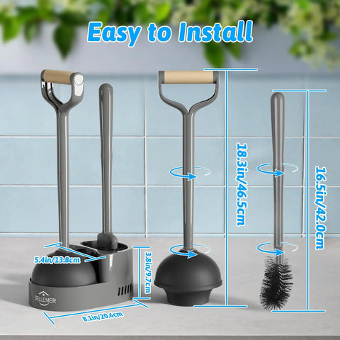 Heavy Hitter Toilet Brush And Plunger Set Featuring Curved Scour Bristles Gray Two Piece Bathroom Clog Knockout Kit dimensions displayed on a countertop