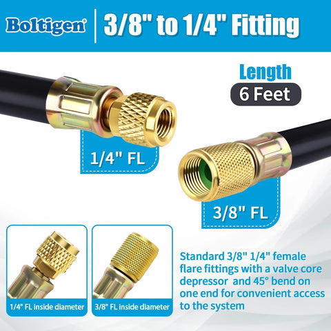 Boltigen 1/2in ID vacuum refrigerant hose; black hose with two brass flare fittings (3/8in & 1/4in), 6 ft long