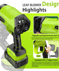 Cordless Leaf Blower With Battery And Charger 1,000,000 RPM Turbo Motor Beast Power Ultra Lightweight Design Highlights Green