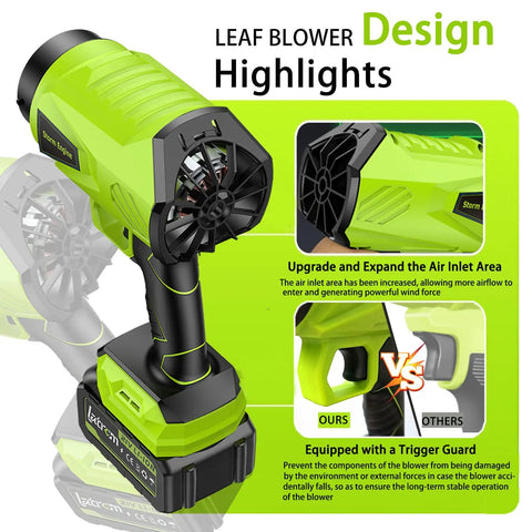Cordless Leaf Blower With Battery And Charger 1,000,000 RPM Turbo Motor Beast Power Ultra Lightweight Design Highlights Green