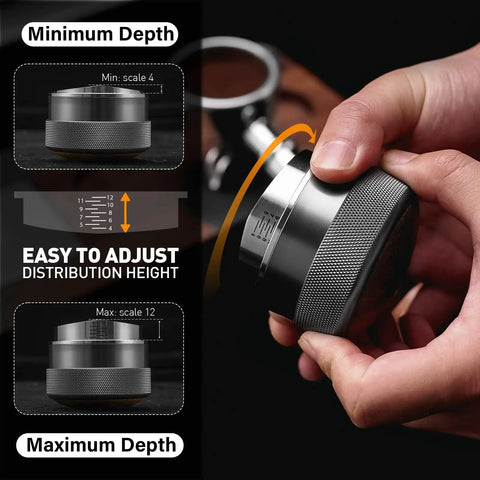 Adjusting 58mm Espresso Distributor With Adjustable Depth For All 58mm Portafilters Stainless Steel And Walnut Build