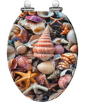 Elongated Quiet Close Toilet Seat for Home Bathroom with seashells and starfish design, measures 14.5" x 18.5".