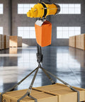 Powerful Heavy Duty Electric Chain Hoist 2200 Lbs Lift With 10 Ft Range And 1300W Motor For Garage Overhead Crane Work That Really Gets The Job Done Smoothly suspending wooden crates in a warehouse.
