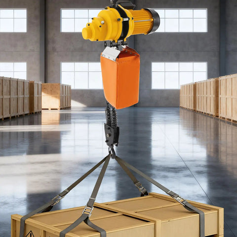 Powerful Heavy Duty Electric Chain Hoist 2200 Lbs Lift With 10 Ft Range And 1300W Motor For Garage Overhead Crane Work That Really Gets The Job Done Smoothly suspending wooden crates in a warehouse.