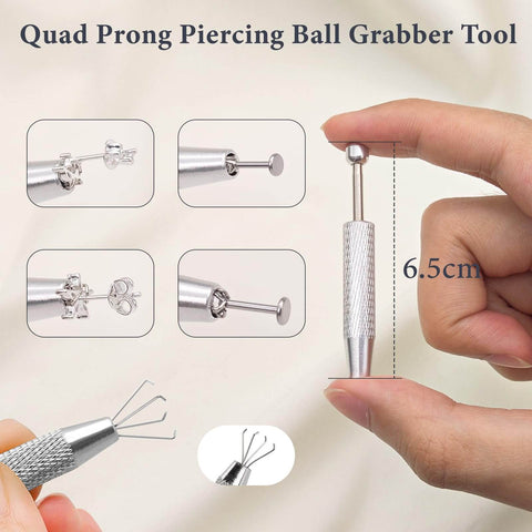 Quad prong piercing ball grabber tool showing four prong design and tool in hand with 6.5cm size measurement.