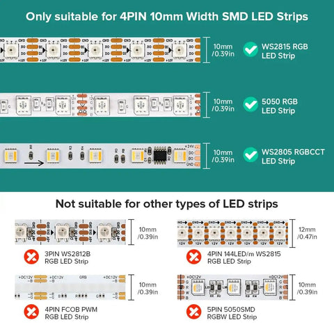 Diagram showing compatibility of 4 Pin 10mm SMD LED Connector Kit With L Splitter And Right Angle T Shape Solderless Gapless Connectors For WS2815 WS2805 RGB LED Strips with various LEDs.