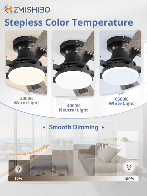 52 Inch Ceiling Fan With Light And Remote App Control Room Ready Low Profile Flush Mount Dimmable 20W LED Light color settings