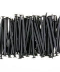 Close-up of 600 black nails in 4 sizes, nail assortment kit for picture hanging and woodworking finishing nails for drywall and repairs.
