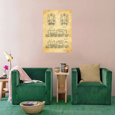 Old School Steam Locomotive Blueprint Wall Art Print Aged Paper Style Antique Train Technical Drawing Poster in living room decor