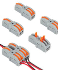 Hella Durable Modular Lever Wire Splitter Connectors for Quick Low Voltage Power Routing To Led Strips and Under Cabinet Install Smooth Operation Foolproof Grip Mechanism, showcasing multiple connectors.
