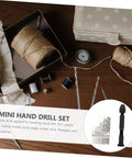 Handy Manual Hand Drill Kit With Pin Vise And Drill Holder displayed with crafting materials and tools.