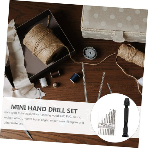 Handy Manual Hand Drill Kit With Pin Vise And Drill Holder displayed with crafting materials and tools.