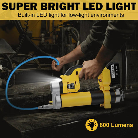 Cordless Grease Gun With LED Light 12000 PSI High Pressure Tool illuminating dim workspace with 19.7 Inch Flexible Hose