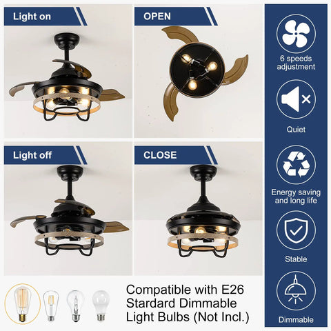 Dope Farmhouse Style Ceiling Fan With Light Black Cage Design Remote Control Retractable Blades shown open and closed, 36 inch.