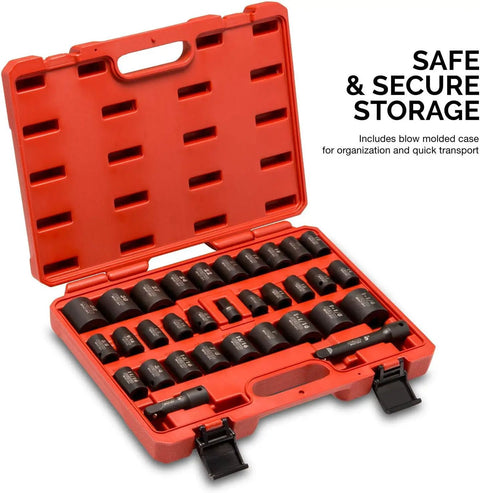 Half Inch Drive Master Impact Socket Set 32 Piece Shallow Socket Kit for Automotive Work in red storage case