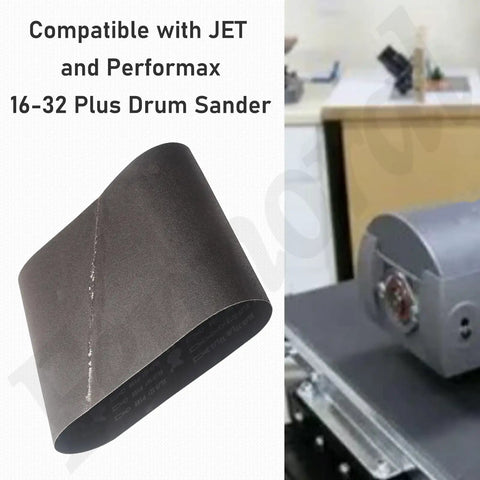 Replacement Drum Sander Feed Belt Conveyor Measuring Sixteen And A Quarter Inch Wide And Forty Three And A Half Inch Circumference Fits Jet And Performax 16 32 Plus Drum Sanders Includes All Shown Accessories For Quick Plug And Play, shown with sander machine in the background.
