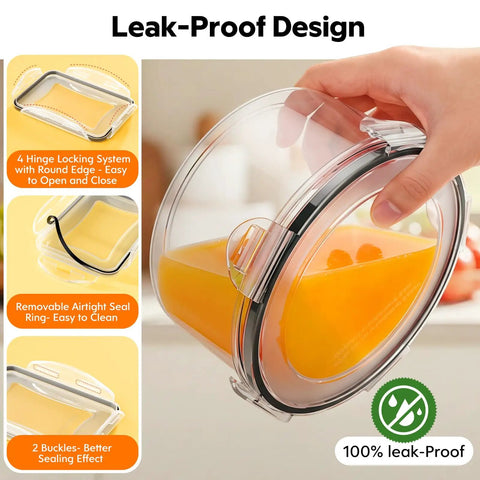 Hand holding a round container from the 50 Piece Food Storage Set With Lids For Kitchen Organization And Meal Prep Reusable BPA Free Plastic Containers Leakproof Real Workhorse For Everyday Use Includes Labels And Pen In A Mix Of Round And Rectangular Sizes From 1 Oz To 50 Oz, demonstrating 100% leak-proof design with airtight seal and locking mechanism.