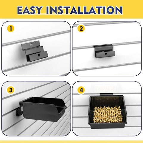 Installation steps for 12 Pack Slatwall Bins With Hooks Set Plastic Slatwall Organizer Bins And Metal Slatwall Hooks in use