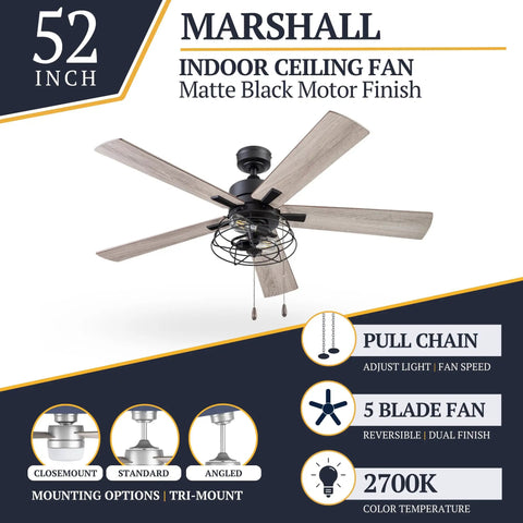 52 Inch Industrial Style LED Ceiling Fan With Light, pull chain, tri-mount, dual finish blades, reversible, black