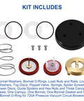 Pressure Vacuum Breaker Repair Kit And Bonnet Repair Kit RK1 720A components with washers, O-rings, and bonnet for Zurn Wilkins.