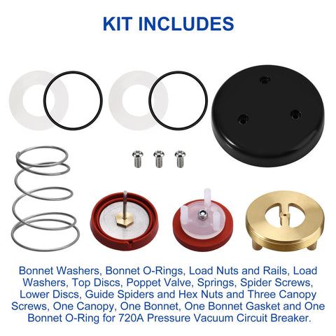 Pressure Vacuum Breaker Repair Kit And Bonnet Repair Kit RK1 720A components with washers, O-rings, and bonnet for Zurn Wilkins.
