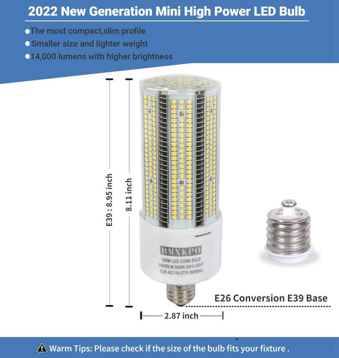 2 Pack 600W Equivalent LED Corn Light Bulb 7020LM 54W 6000K Daylight White E26 Base shown with dimensions