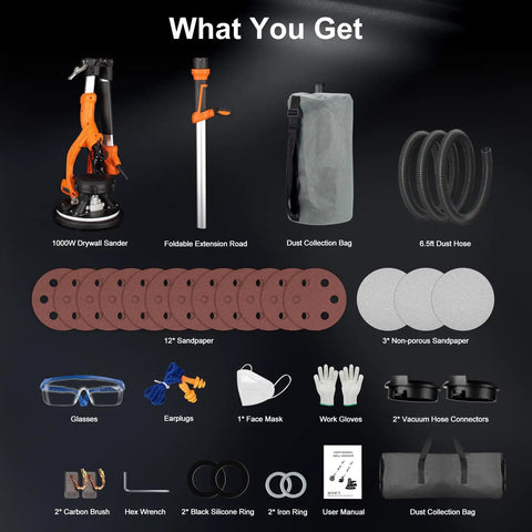 Beast 1000W Drywall Sander With Vacuum Dust Collection And LED Light Popcorn Ceiling Removal Tool and accessories, front view.