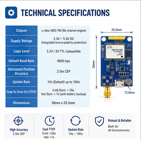 Two Pack NEO 7M GPS Module Bundle With SMA Antenna Interface For Arduino technical specifications chart