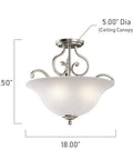 Camerena 18 Inch Three-Light Semi Flush Ceiling Fixture With White Scavo Glass And Brushed Nickel Finish. Dimensions shown.