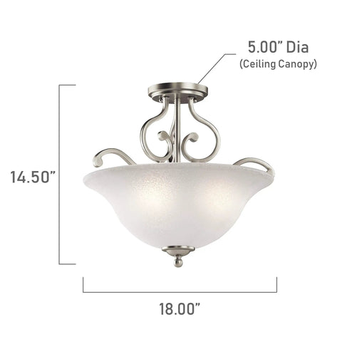 Camerena 18 Inch Three-Light Semi Flush Ceiling Fixture With White Scavo Glass And Brushed Nickel Finish. Dimensions shown.