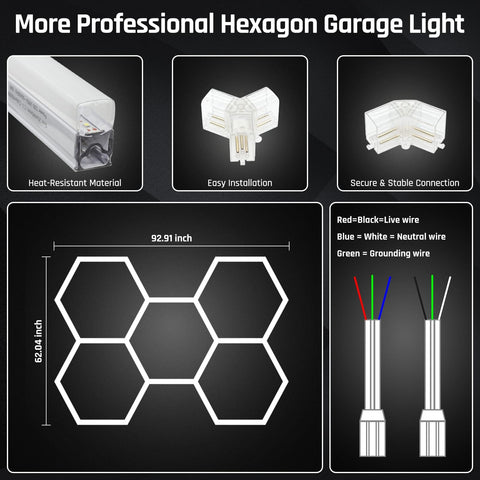 Hexagon LED Garage Lights 5 Pack 6500K Ultra Bright Ceiling Lighting components and dimensions