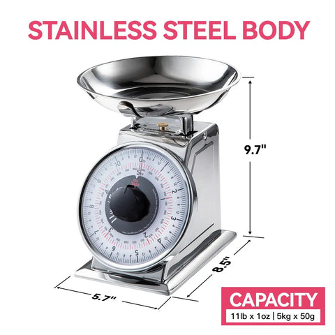 11Lb Analog Mechanical Kitchen Scale With Stainless Steel Bowl Tare Function Old School Retro Style Durable Dial Easy Clean Precise Food Weighing For Baking And Cooking, showing a steel body and dimensions.