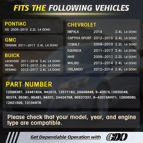 Compatibility chart for All In One Timing Chain Kit With VVT Sprocket For 2.4L Ecotec Engines Fit 2011 To 2017 Chevy models