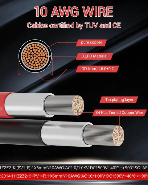 Diagram of 10 AWG Solar Extension Cable 30 Ft With Waterproof Male And Female Connectors showing XLPO material and tinned copper wire.