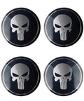 Four Pcs Metal Fanged Skull Wheel Center Hub Caps Scratch Resistant with shiny black finish and detailed skull design.