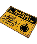 Emergency Stop Button Safety Sign Vintage Tin Wall Decor 8x12 Inch Yellow And Black Industrial Plaque with notice text