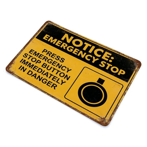 Emergency Stop Button Safety Sign Vintage Tin Wall Decor 8x12 Inch Yellow And Black Industrial Plaque with notice text