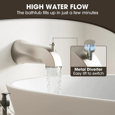 Deadly Slick Brushed Nickel Shower Faucet Set With Solid Brass Rough In Valve And Ceramic Disc Cartridge Featuring Killer High Flow Six Inch Tub Spout Plus Top Shelf High Pressure Showerhead For Zero Hassle Bathroom Refresh