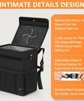 Back Seat Hanging Car Trash Can with lid open showing reinforced Velcro and adjustable strap, mesh pocket for snacks visible